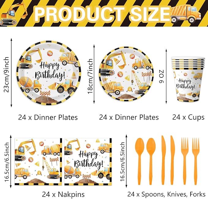 Oigco Construction Birthday Party Supplies Construction Theme Decorations Includes Plates, Cups, Napkins, Cutlery, Perfect for Boys Kids Birthday Party, Serves 24 Guests