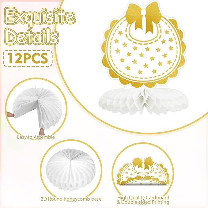 Tarklanda 12 Pcs Baby Shower Decorations Centerpieces Gender Reveal Gold Honeycomb Table Centerpiece for Birthday Party Baby Showers Table Topper Supplies