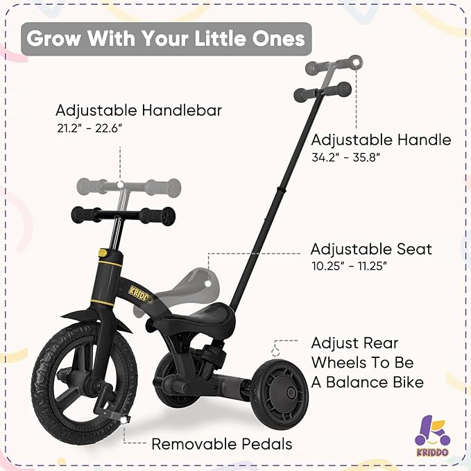 KRIDDO 4-in-1 Kids Tricycle for 1.5 to 3 Yea Old with Parent Steering Push Handle, 12 Inch Front Wheel Trike, Toddler Balance Bike for Boys Girls 18 Month to 3 Years, Adjustable Height, Black