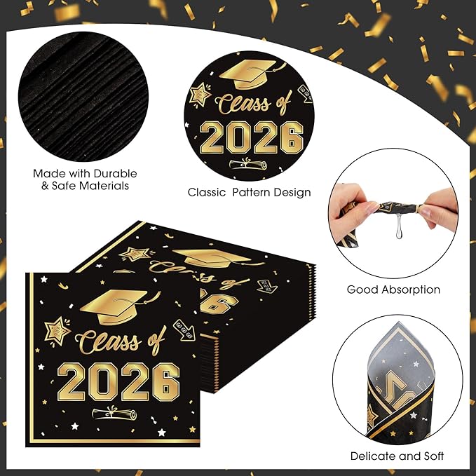 50 Pcs Graduation Napkins Decorations - Black Gold Class of 2026 Congrats GRAD 3-Ply Paper Cocktail Dinner Napkins Set for 2026 Graduation Party Supplies Table Decor Favors, 6.5 x 6.5 Inch