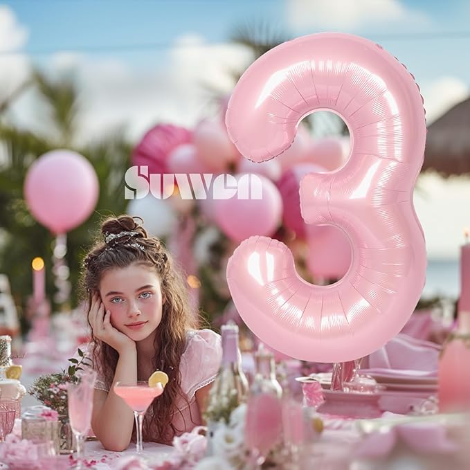 SUWEN 40 Inch Pink Large 3 Number Balloons Big Foil Helium Number Balloons 0-9 Jumbo Happy 3rd Mylar Birthday Party Decorations for Girl Anniversary Party Supplies