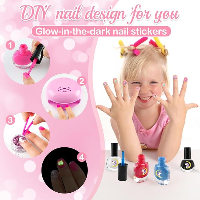 Kids Washable Makeup Kit& Nail Polish Kit for Girl, Kids Play Makeup Set Nail Art Princess Make Up Pretend Play Christmas Birthday Gift for Girls 3 4 5 6 7 8 9 10 11 12 Year Old