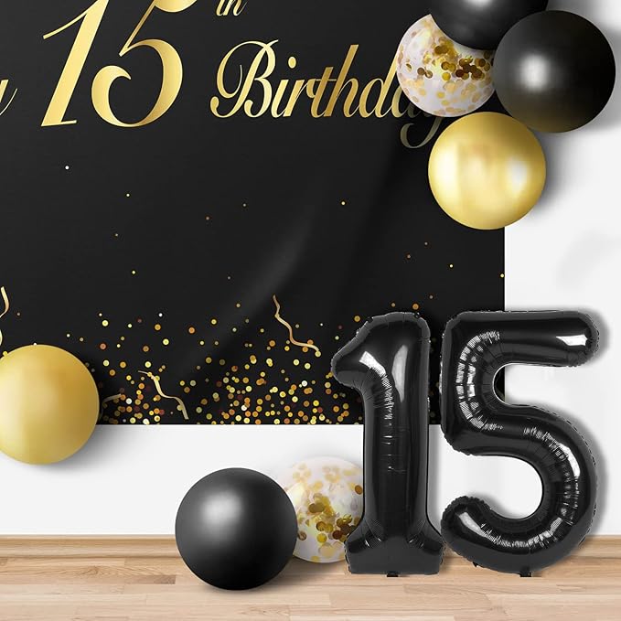 Happy 15th Birthday Balloons Black Set Decor - Cheers to 15 Years Old Party Theme Garland Banner Backdrop Decorations For Boy and Girl Supplies