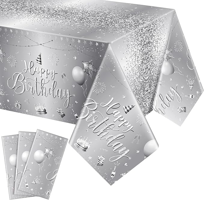 Tudomro 3 Pcs Happy Birthday Tablecloths Happy Birthday Party Decorations Plastic Table Cover Rectangular Cloths for Women Men Baby Shower Party Supplies, 108 x 54 Inch (Silver)