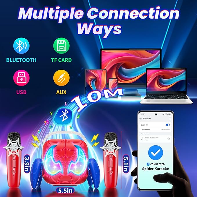 Karaoke Machine for Kids, Red & Blue Glowing Eyes & Rhythm Light, 5 Magic Voice, 2 Wireless Mini Microphone, Portable Bluetooth Speaker, Easter Basket Stuffers Boys Gifts Age 3 4 5 6 7 8 9 10 11 12