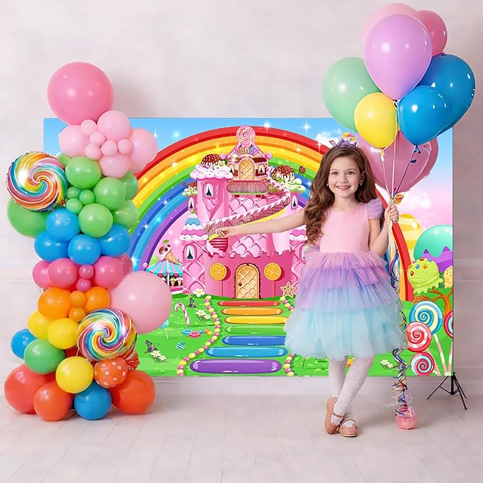 Mocsicka Candyland Party Banner Decorations 2 Pack - Candyland Castle Birthday Backdrop for Girls Birthday Lollipop Sweet Donut Theme Party Supplies (2 Pack, 70.8x43.3 inch)