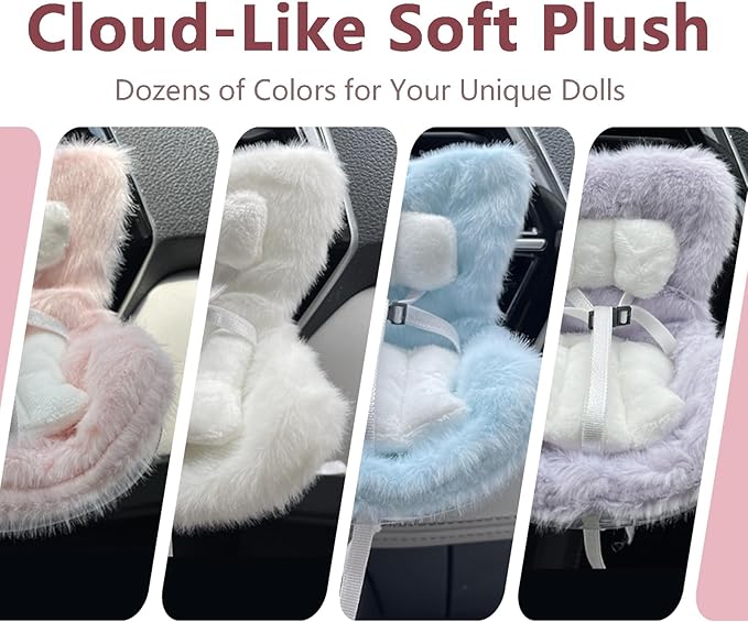 Doll Car Seat for 3–8 inch Figures, Fits Character Plushes, Blind Box Dolls & Vinyl Collectibles, Includes Air Vent Clip & Desktop Stand, Cute Car Ornament for Collectors (White)