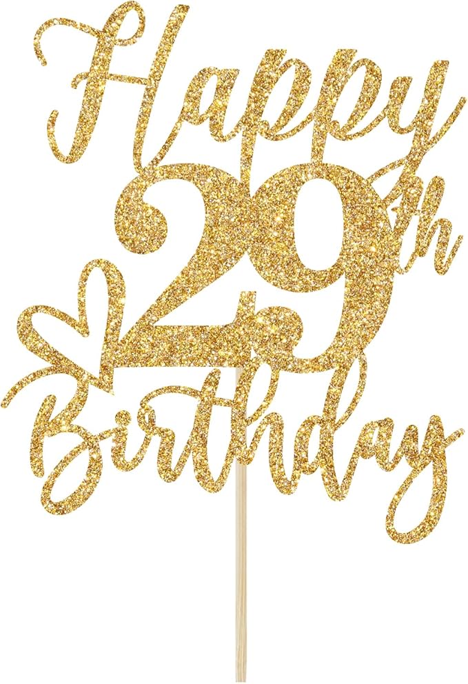 Gold Glitter Happy Birthday Cake Topper, Funny Party Supplies (29th Birthday, Gold Glitter)