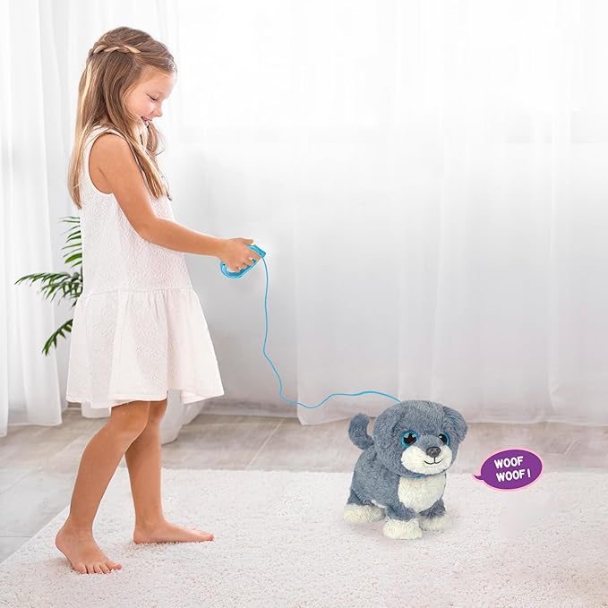 YH YUHUNG Interactive Walking Dog Toy with Leash, Grey Puppy with Blue Ears, Electronic Barking & Tail Wagging Robot Pet, Realistic Stuffed Animal Gift for Kids Boys Girls 3+ (Grey/Blue)