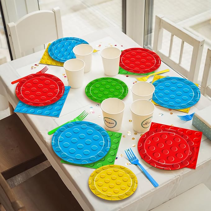 96 Pcs Building Block Party Supplies, Building Bricks Plates and Napkins Set Building Block Themed Dinnerware for Birthday Party Decorations, Serves 24