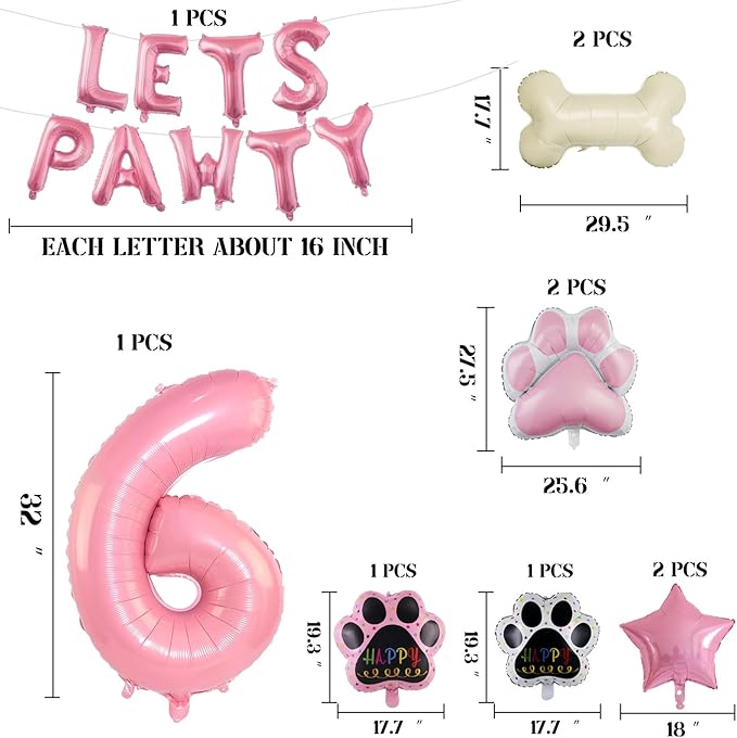 6th Dog Balloons 18pcs Lets Pawty Balloons Dog Paw Birthday Decor Pink 32 inch Pink Number Balloons 6 Mylar Foil Balloons for Lets Pawty Birthday Decorations Dog 6th Birthday Party Supplies