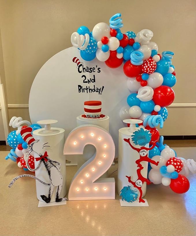 Cat Hat Themed Party Decorations 135PCS Red Blue White Balloon Arch Garland Kit Thing 1 and Thing 2 Birthday Party Decoration Dr Baby Shower Decorations