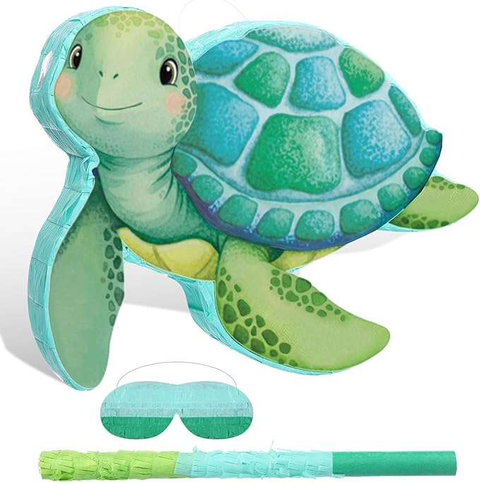 Aoriher Sea Turtle Piñata with Stick Blindfold & Confetti - Birthday Party Favors Decorations for Animal Theme Party Supplies Toys Outdoor Games, 15 x 13 x 3.2 Inch