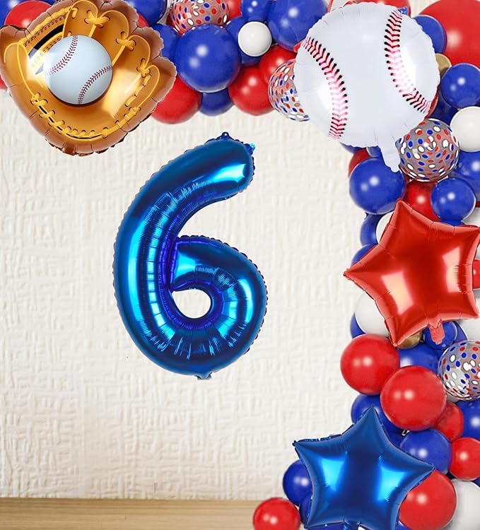 Baseball Balloons 6th Birthday Decorations for Boys | Baseball Birthday Decoration Sports Theme Party Supplies, 32Inch Foil Mylar Number 6 Balloon Navy Blue Red White Sports Balloon Arch Kits