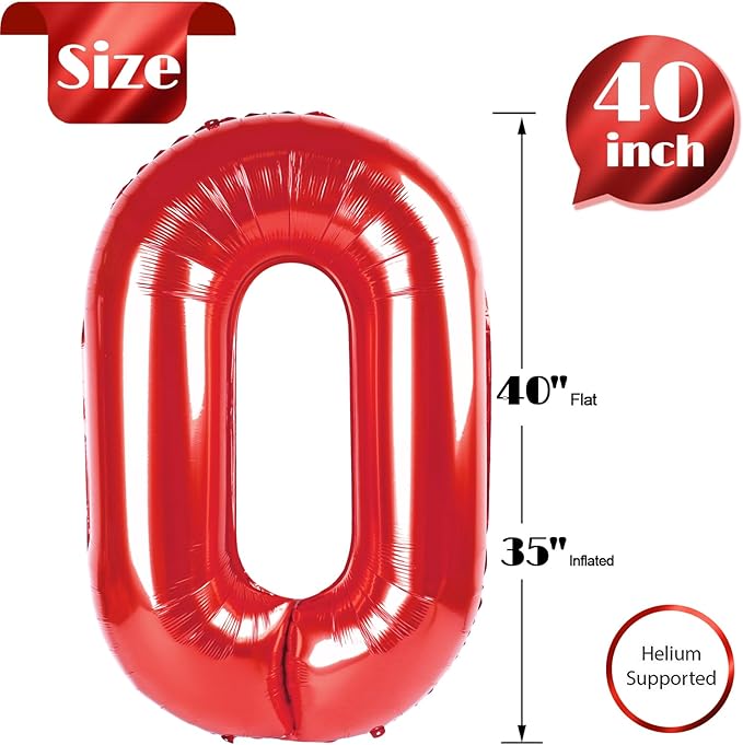 Red Number Balloon 40 Inch, 0 Number Balloons, 10 20 30 40 50 Numbers Balloon Birthday Decorations for Red Party Supplies