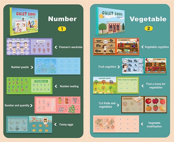 4 Pack DIY Busy Book for Toddlers, Montessori Quiet Book with Animal, Vehicle, Number, Fruit Preschool Learning Activities & Education Toys
