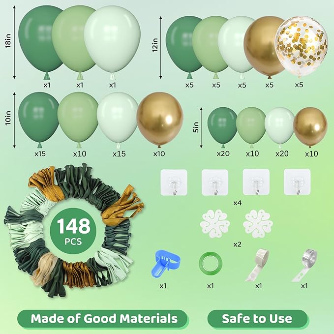 Amandir 148pcs Sage Green Balloon Garland Arch Kit, Different Sizes 18 12 10 5 inch Sage Green Gold Latex Metallic Confetti Gold Balloons St. Patrick's First Communion Safari Baptism Decorations