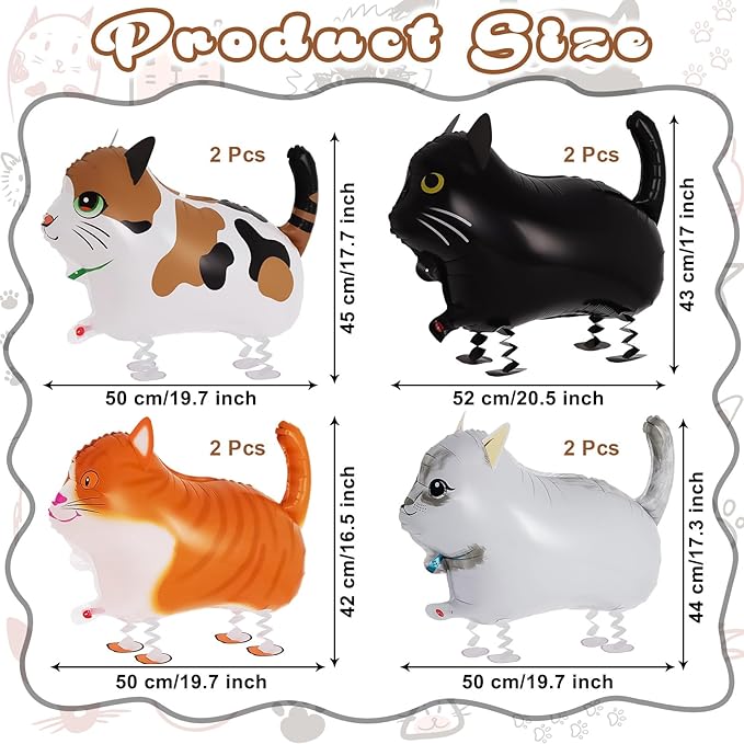 8 Pcs Walking Cat Balloons,Cat Balloons,Walking Animal Foil Mylar Balloon,Farm Birthday Decorations for Cat Theme Party Supplies (Cat-8 Pcs)