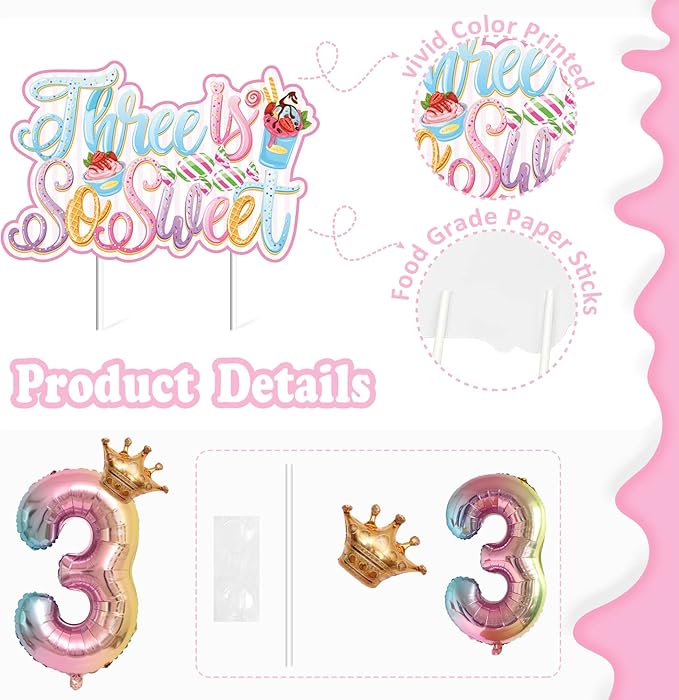 3rd Happy Birthday Decorations for Girls- third pink birthday decorations, ice cream birthday party decor With Donut Banner Sweet Cake Topper 3rd Foil Balloon For Three Donut Themed Party
