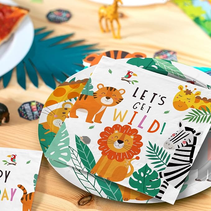Gatherfun Safari Birthday Party Supplies Jungle Disposable Paper Plates Napkins for Safari Jungle Theme Birthday Decorations, Serve 50