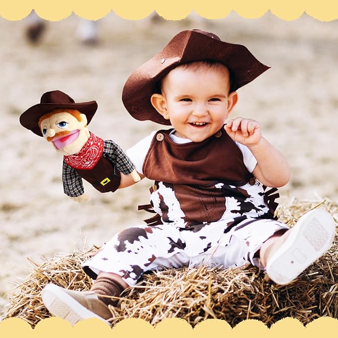 Role Play Hand Puppets Hand Plush Chef Doctor Fireman Pirate Detective Athlete Nurse Worker Hand Puppet Toys Puppets for Kids Storytelling Imaginative Pretend Play Teaching Preschool(Cowboy)