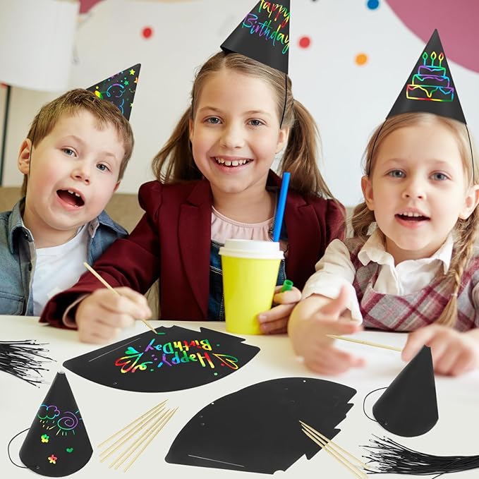 72 PCS Rainbow Scratch Party Hats Bulk Colorful DIY Birthday Cone Hats for Kids and Adults, Fun Birthday Decoration Supplies for Parties and Celebrations