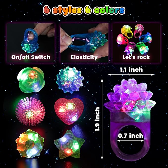 LovesTown 24PCS Light Up Rings Easter Party Favors for Kids, 6 Styles Glow in the Dark Party Supplies for Goodie Bags Easter Basket Stuffers Treasure Box Toys for Classroom Prizes, Flashing Glow Bulk