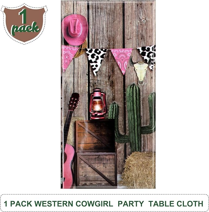 Tiamon 1 Pieces Western Party Tablecloth Cowgirl Table Cover Pink Western Cowgirl Plastic Tablecloth Disposable Wild West Table Cover for Baby Shower Birthday Party Supplies, 54 X108 Inch