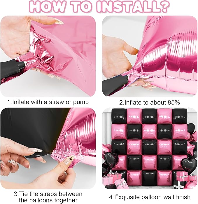 Pink Black Square Foil Balloon Wall,25Pcs Double Sided Foil Balloons Backdrop Helium Polyester Tunnel Arch Garland Kit for Birthday Bridal Anniversary Baby Shower Party Decorations