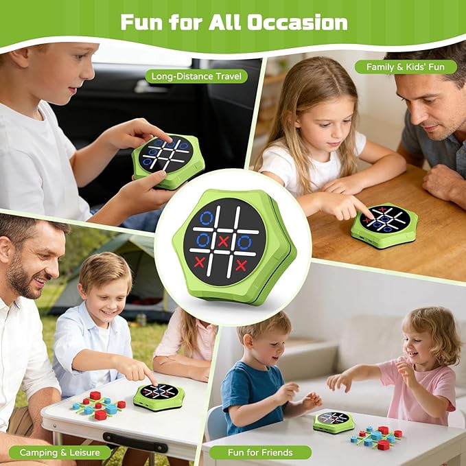 Tic Tac Toe Bolt Game,5-in-1 Handheld Puzzle Games Console,Electronic Tic Tac Toe Game for Educational&Memory,Portable Travel Games for Car Ride with Silent Mode,Toys Gift Idea for Kids & Family-Green