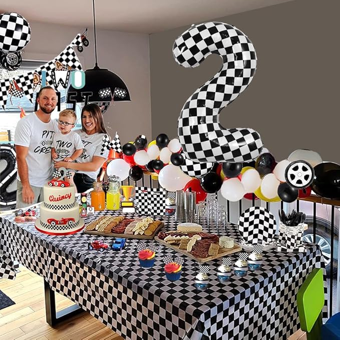 TONIFUL 40 Inch Checkered Number 2 Balloon 2nd Race Car Birthday Party Supplies Black and White Large Number Balloon for Girls Boys 2nd Birthday Fast Race Car Flag Party Decorations