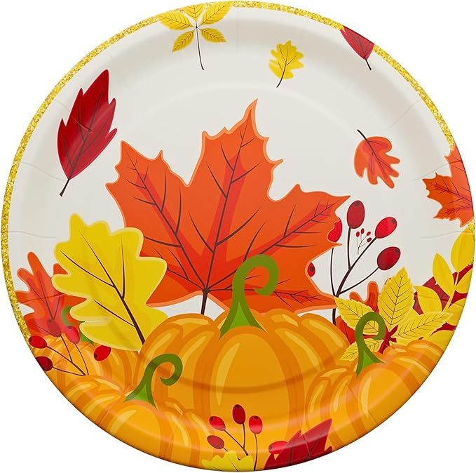 Blue Orchards Thanksgiving Party Plates and Napkin (52 pieces for 16 guests) - Thanksgiving Party Supplies, Thanksgiving Party Decorations, Fall Theme Party, Turkey Party Plates and Napkins
