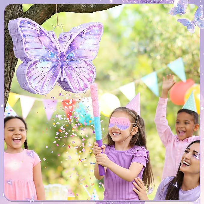 Butterfly Piñata for Birthday Party Supplies Purple Butterfly Piñata Decorations with Pink Purple Stick and Blindfold for Birthday Party Decorations Game Supplies