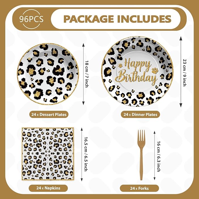 Grencian 96 Pcs Cheetah Print Birthday Decorations White Leopard Plates and Napkins Leopard Print Party Supplies Safari Themed Paper Plates for Jungle Safari Cheetah Theme Party Baby Shower Serves 24