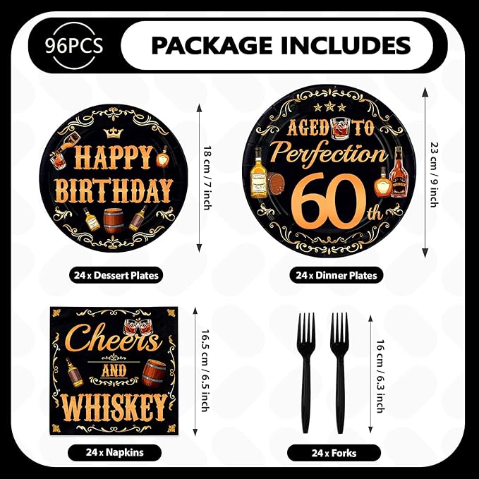 96 Pcs Whiskey 60th Birthday Party Supplies Aged To Perfection 60th Plates and Napkins Disposable Cheers and Whiskey Tableware Set for Men Vintage 60 Years Old Birthday Party Decorations Serves 24