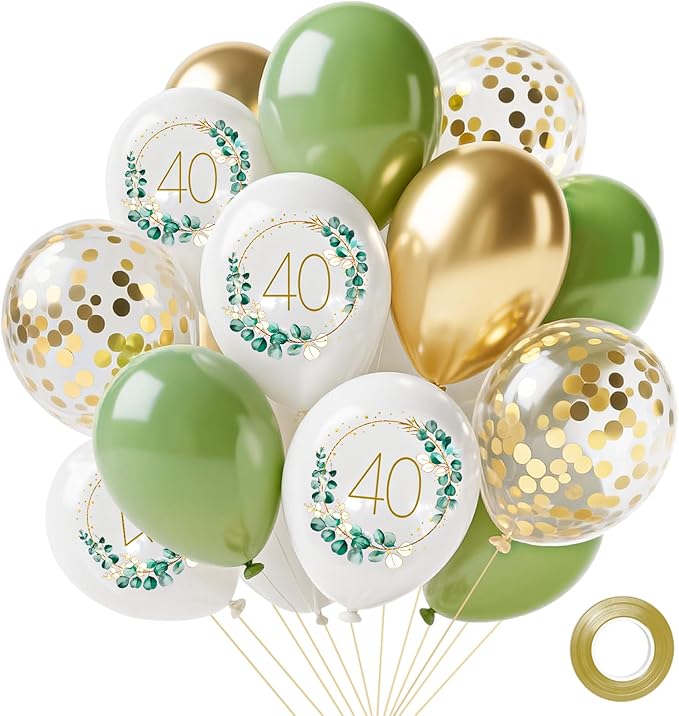 Sage Green Balloons, 14pcs 12inch Sage Green White Metallic Gold Confetti Balloons with Number 40 Printed for Men Women Boho 40th Birthday Wedding Bridal Baby Shower Party Decorations