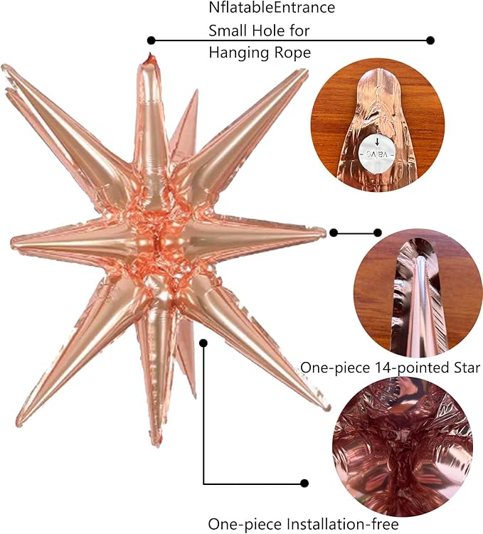 6 Pcs Rose Gold Star Foil Balloons One-Piece 14-Pointed Star Balloon 4D Cone Mylar 22inch Christmas Birthday Wedding Fireworks Shape Party Supplies (Rose Gold)