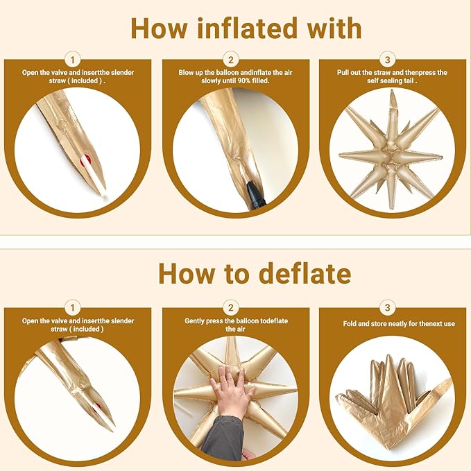 6 Pcs Caramel Colour Star Foil Balloons One-Piece 14-Pointed Star Balloon 4D Starburst Cone Mylar Balloon 22inch Christmas Birthday Wedding Wedding Anniversary Party Supplies(Caramel Colour)