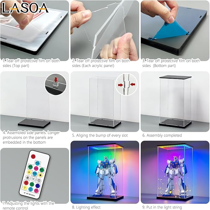 LASOA Acrylic Display Case with RGBW Color Changing LED Light, Clear Display Box for Action Figures and Collectibles, Self-Assembly Dustproof Showcase with Black Base, 5.9x5.9x12.6inch