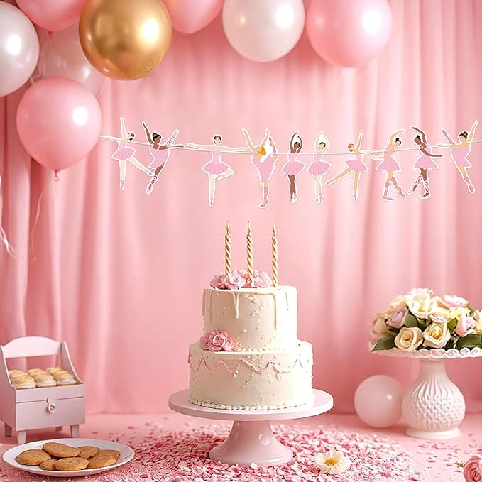 Hooqict Happy Birthday Banner Ballerina Birthday Party Decorations Ballerina Dancer Party Banner Garland Sign for Girls Women Pink Ballet Party Decorations Supplies