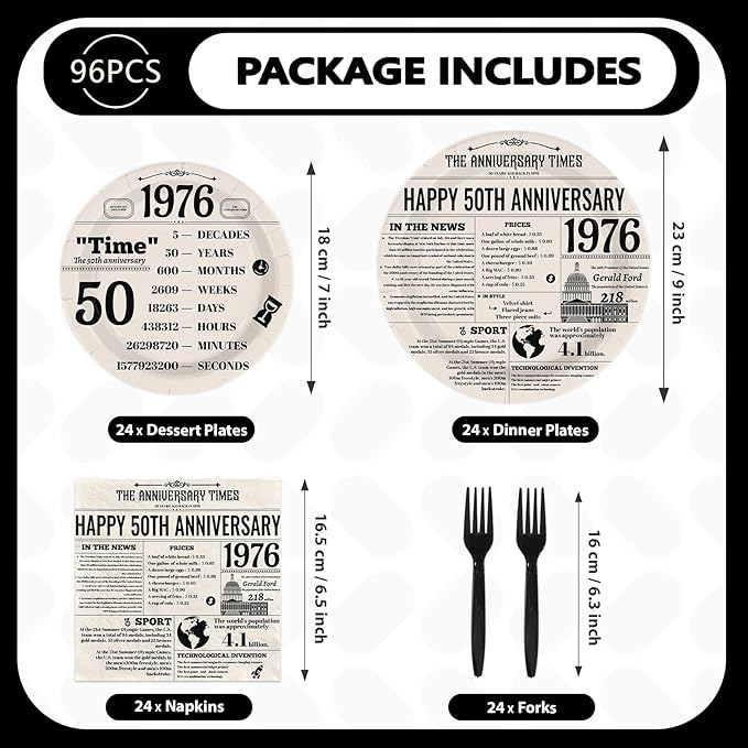 96Pcs 50th Anniversary Party Decor Vintage Back in 1976 Plates and Napkins Black White 50th Disposable Paper Tableware Set for Men Women Wedding Anniversary Birthday Party Supplies Serves 24