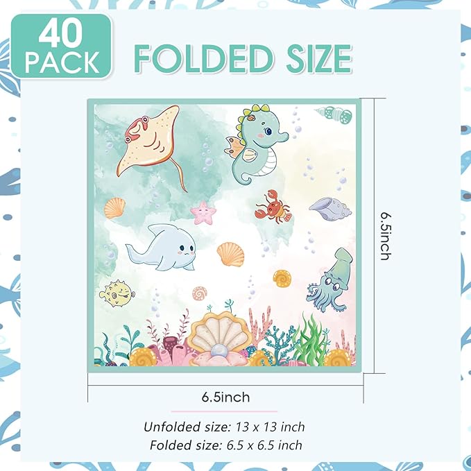 40 Pack Under The Sea Paper Napkins - 6.5x6.5 Inches Disposable 2-Ply Ocean Theme Party Napkins for Summer Beach, Baby Shower Decorations & Under The Sea Dinner Party Supplies