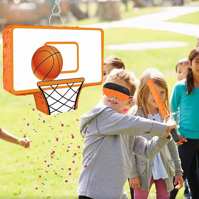 Hooqict Basketball Pinata with Blindfold and Bat Stick Basketball Birthday Party Decorations for Kids Boys Basketball Themed Party Supplies Sports Carnival Games