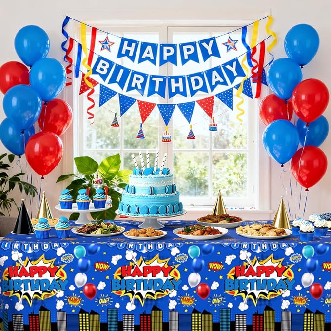 3 Pieces Blue Superhero Birthday Tablecloth for Boy or Girl Super Hero Birthday Party Decorations Supplies Blue Superhero Plastic Table Cloth Disposable Table Covers 108 x 54 Inch