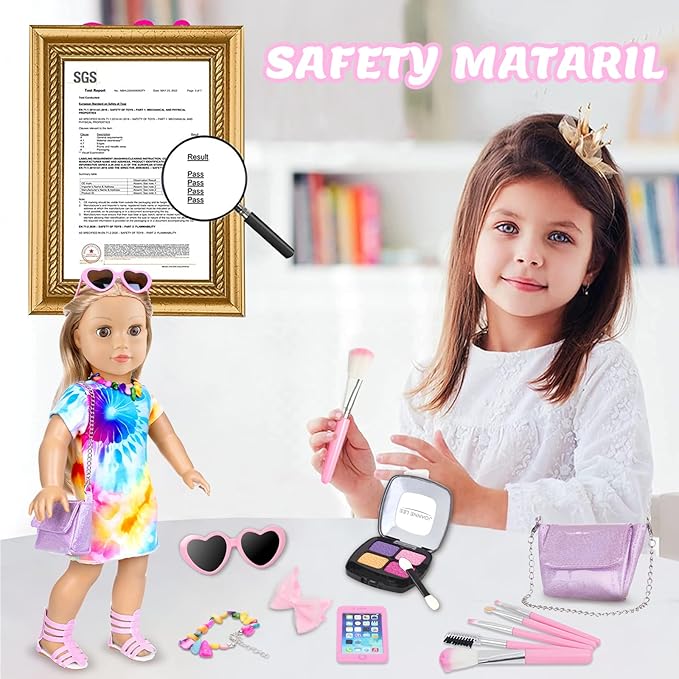 13 Pcs American 18 Inch Doll Accessories and Clothes, Doll Makeup Accessories Set Include Makeup Brush, Eye Shadow,Necklace, Shoulder Bag, Dress,Shoes,Bow Knot Hairpin(No Dolls)