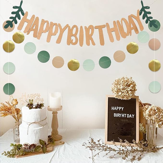 Zwiebeco Dark Green Gold Happy Birthday Party Decoration Brown Banner Bunting Circle Dots Garland Hanging Paper Kit for Kids Adults Forest Wild One Safari Theme Accessories Supplies