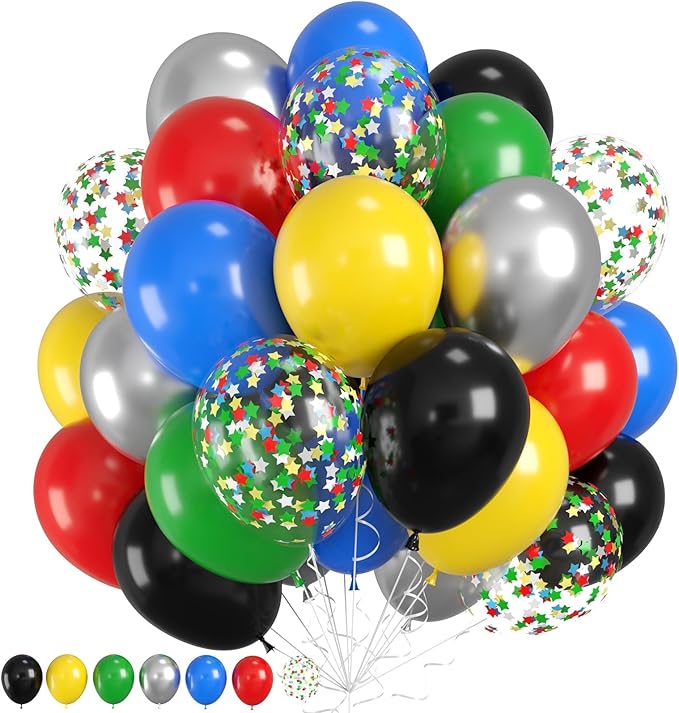 Red Yellow Blue Balloon, Multicolor Balloons with Black Red Blue Yellow Green Silver Balloons and Colorful Confetti Balloon for Birthday, Themed Party Supplies