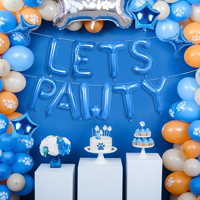 Lets Pawty Balloons Banner 16 Inch,Blue Birthday Decorations with 4pcs 10 Inch Star Balloons,Paw Foil Letter Balloon for Dogs Paw Pet Puppy Theme Party Supplies