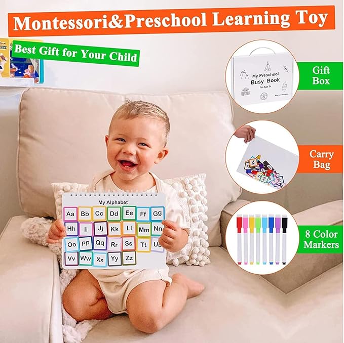 HAN-MM Busy Book for Toddlers 3-5, Montessori Busy Book with 30 Themes and 8 Markers, Kids Binder and Early Learning Toys, Preschool Busy Books for Toddlers, Tracing Coloring Book, BusyTots