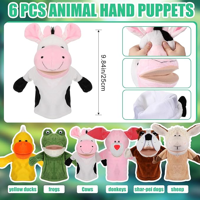 6 Pcs Hand Puppets Animal Hand Puppet with Working Mouth 9.8 Inch Soft Christmas Plush Toy for Toddler Kids Storytelling Teaching Preschool Show Theater Birthday Xmas Gifts(Farm Animals)